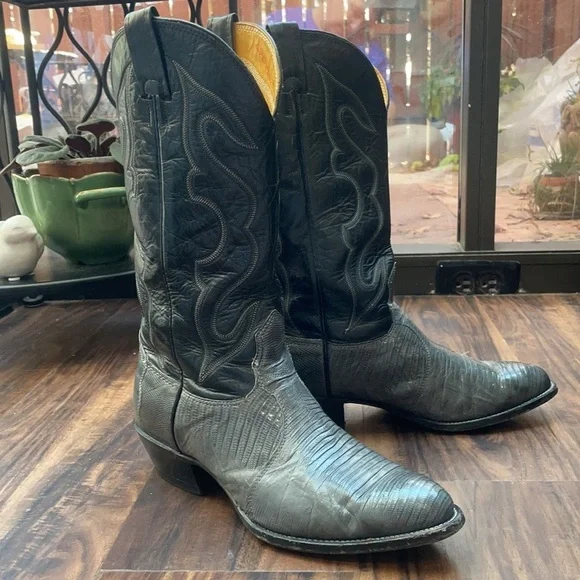 Nocona Gray Cowboy Western Boots Gray Teju Lizard & Leather Men's size 8.5 EE - Picture 3 of 15